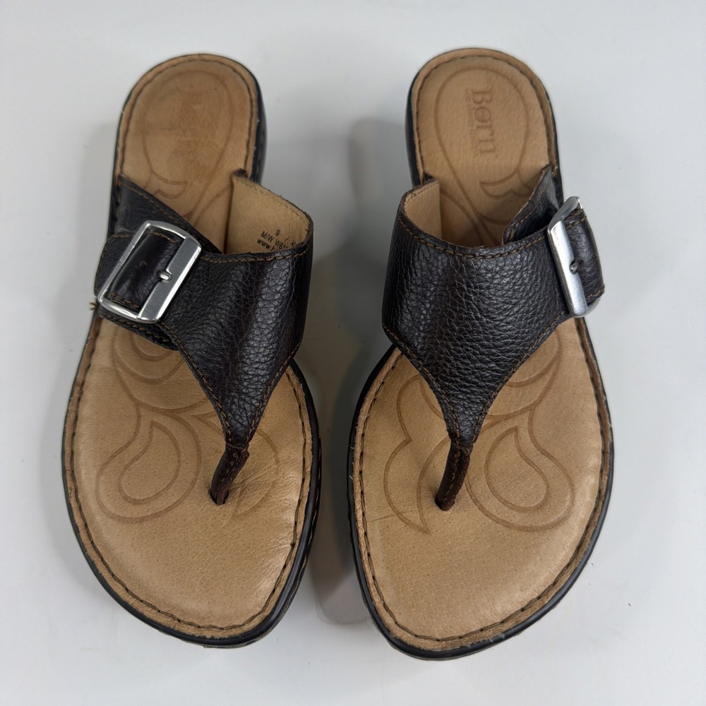 Born Womens Size 9 Brown Leather Thong Sandals Buckle Comfort Wedge Shoes